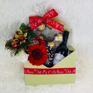 Merry Xmas Envelope with wine and Ferrero Rocher wreath and small floral arrangement